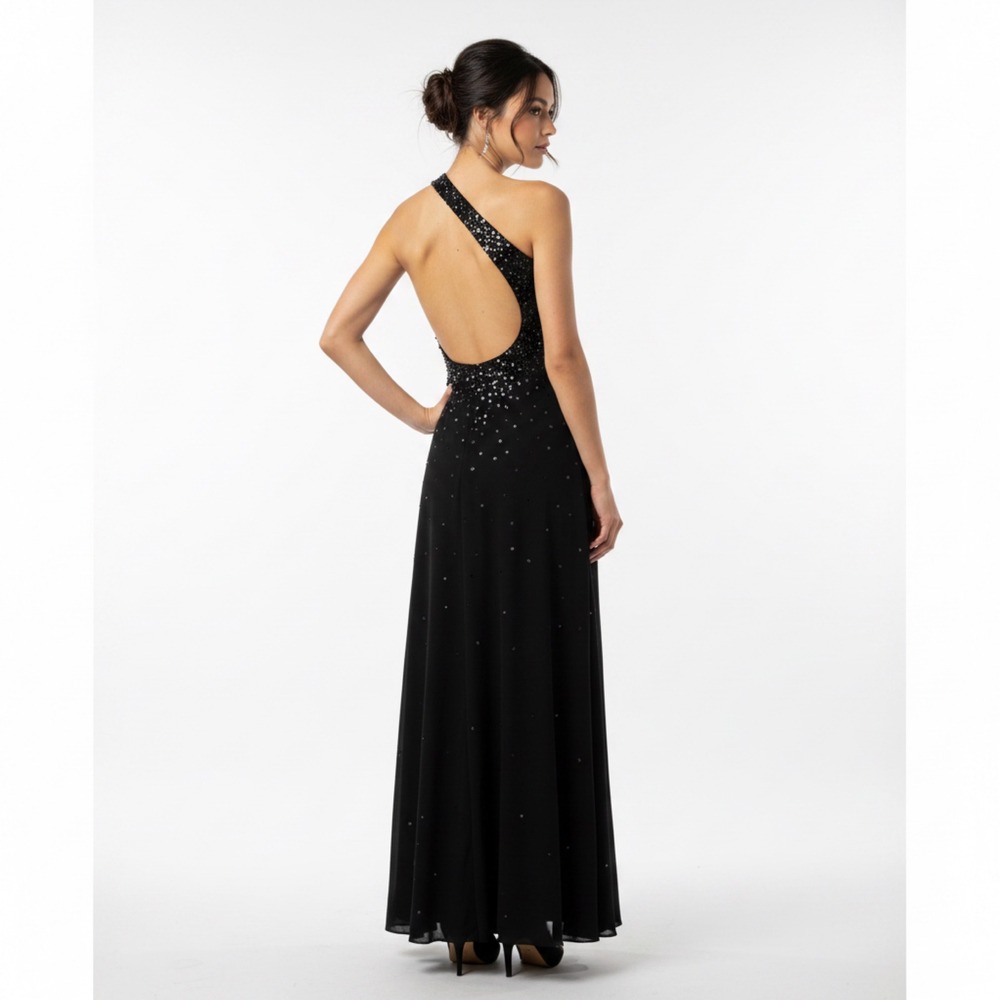 Whimsigoth Black Sequin One Shoulder Open Back Formal Black Tie Maxi Gown Sz 4